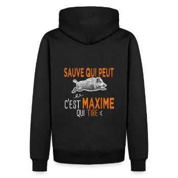 Maxime c est maxime qui tire Humour Chasseur - Sweat à capuche Premium bio Homme - noir - Dos - Nico (187cm)
