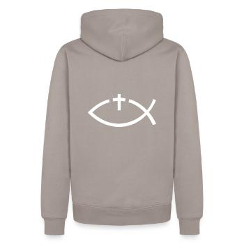 Symbole du poisson Chrétiens - Eglise - Foi - Sweat à capuche Premium bio Homme - taupe - Dos - Nico (187cm)