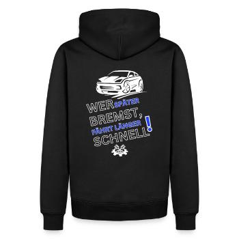 Auto Spruch-WER SPÄTER BREMST IST LÄNGER SCHNELL - Männer Premium Bio Hoodie - Schwarz - Hinten - Nico (187cm)