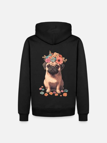 Mops mit Blumen - Männer Premium Bio Hoodie - Schwarz