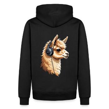 Alpaca listening to music with headphones - Men’s Premium Organic Hoodie - black - Back - Nico (187cm)