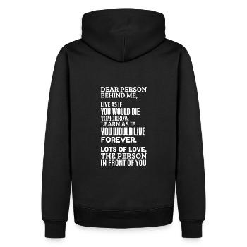 Chère personne derrière moi - Joie, pensée positive - Sweat à capuche Premium bio Homme - noir - Dos - Nico (187cm)