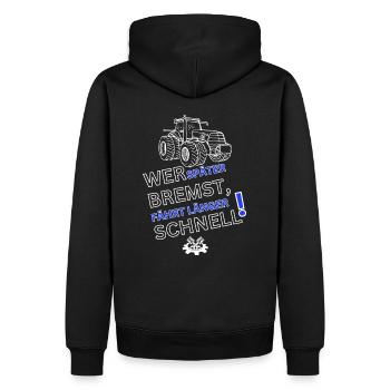 Traktor Fun-WER SPÄTER BREMST IST LÄNGER SCHNELL - Männer Premium Bio Hoodie - Schwarz - Hinten - Nico (187cm)