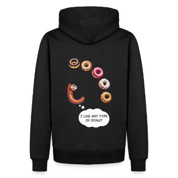 Eine Wurst, die Donuts liebt - Männer Premium Bio Hoodie - Schwarz - Hinten - Nico (187cm)