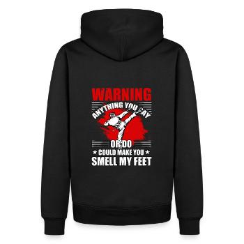 Warnung Alles, was du sagst oder tust, kann dich riechen lassen - Männer Premium Bio Hoodie - Schwarz - Hinten - Nico (187cm)