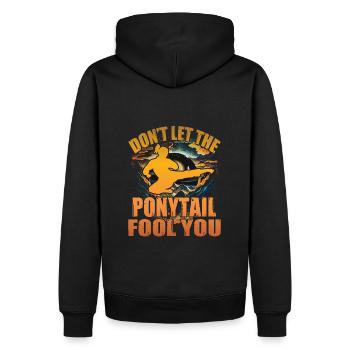 Lass dich nicht vom Pferdeschwanz täuschen - Männer Premium Bio Hoodie - Schwarz - Hinten - Nico (187cm)