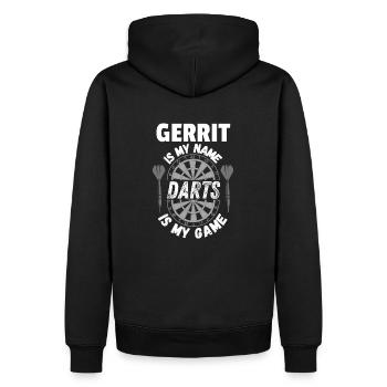 Dart shirts by name Gerrit. Personalised dart - Men’s Premium Organic Hoodie - black - Back - Nico (187cm)