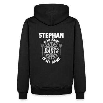 Vêtements, chemises et sweats à capuche à fléchettes, par le prénom Stephan - Sweat à capuche Premium bio Homme - noir - Dos - Nico (187cm)
