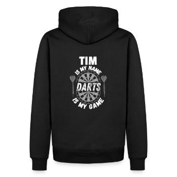Personalisiertes Dart-Shirt-Design für Dartspieler Tim - Männer Premium Bio Hoodie - Schwarz - Hinten - Nico (187cm)