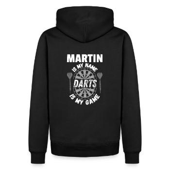 Personalised dart clothing in Martin's name - Men’s Premium Organic Hoodie - black - Back - Nico (187cm)