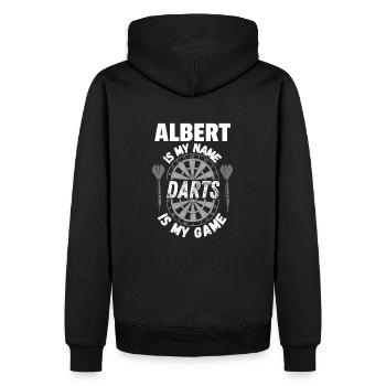 Personalisiertes Dart-Design für Dartspieler Albert - Männer Premium Bio Hoodie - Schwarz - Hinten - Nico (187cm)