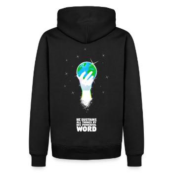 Er stützt die Welt mit seinem Wort - Deutsch - Männer Premium Bio Hoodie - Schwarz - Hinten - Nico (187cm)