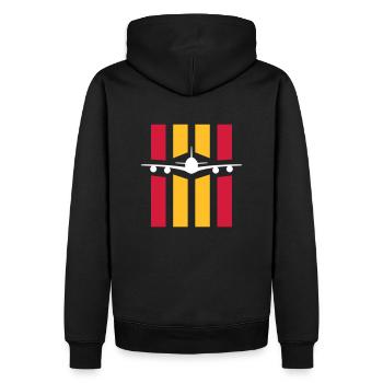 ★ Designfarben änderbar ★ Flugzeug vor 4 Streifen - Männer Premium Bio Hoodie - Schwarz - Hinten - Nico (187cm)