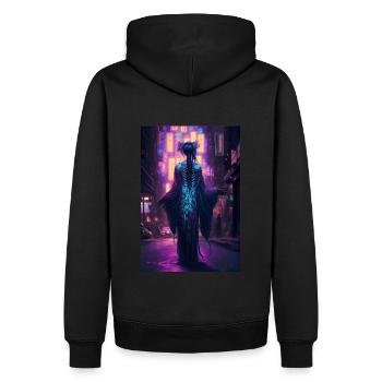 Eisha standing in street minimal - Men’s Premium Organic Hoodie - black - Back - Nico (187cm)
