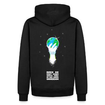Er unterstützt die Welt - Deutsch - Männer Premium Bio Hoodie - Schwarz - Hinten - Nico (187cm)