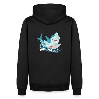 Surfen mit dem Hai | lustiger Hai | Wellenreiten - Männer Premium Bio Hoodie - Schwarz - Hinten - Nico (187cm)