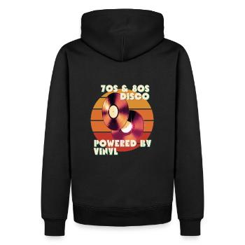 70s 80s Disco powered by vinyl t shirt Italo Disco - Men’s Premium Organic Hoodie - black - Back - Nico (187cm)