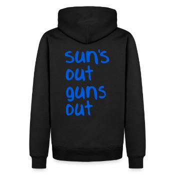 Sun's out, guns out Funny T-Shirt - Blue - Men’s Premium Organic Hoodie - black - Back - Nico (187cm)