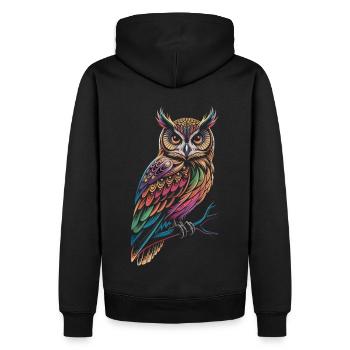 Bunte Eule – Mystisch & Farbig - Männer Premium Bio Hoodie - Schwarz - Hinten - Nico (187cm)