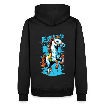 Wildpferd in Bunt - Männer Premium Bio Hoodie - Schwarz - Hinten - Nico (187cm)