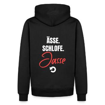 Essen, schlafen, jassen, repeat! - Männer Premium Bio Hoodie - Schwarz - Hinten - Nico (187cm)