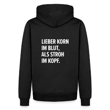 LIEBER KORN IM BLUT, ALS STROH IM KOPF. - Männer Premium Bio Hoodie - Schwarz - Hinten - Nico (187cm)