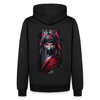 Cyborg Weiblicher Ninja Rotes Kanji - Männer Premium Bio Hoodie - Schwarz - Hinten - Nico (187cm)
