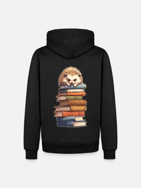 Igel auf Bücherstapel - Männer Premium Bio Hoodie - Schwarz