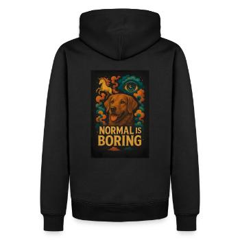 Dog with Unicorn – Normal is Boring – Crazy D - Men’s Premium Organic Hoodie - black - Back - Nico (187cm)