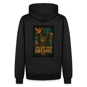 Mystical Cat – Follow Your Dreams Design - Men’s Premium Organic Hoodie - black - Back - Nico (187cm)