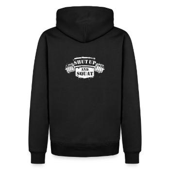 Shut Up and Squat Bodybuilding - Männer Premium Bio Hoodie - Schwarz - Hinten - Nico (187cm)