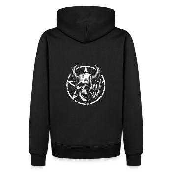 Skull with horns pentagram makes devil horns - Men’s Premium Organic Hoodie - black - Back - Nico (187cm)
