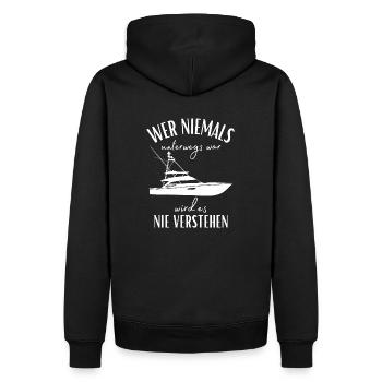 Wer niemals unterwegs war... Yacht & Boot Sprüche - Männer Premium Bio Hoodie - Schwarz - Hinten - Nico (187cm)