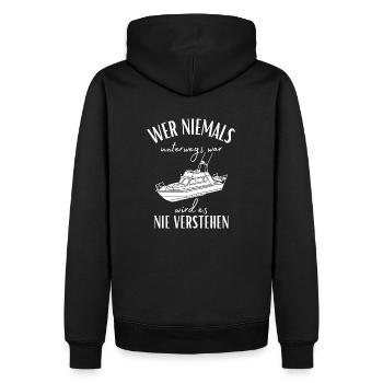 Wer niemals unterwegs war... Yacht & Boot Sprüche - Männer Premium Bio Hoodie - Schwarz - Hinten - Nico (187cm)