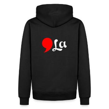 Distressed Comma La Funny - Men’s Premium Organic Hoodie - black - Back - Nico (187cm)