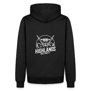 Highlands was sonst Schottisches Hochlandrind - Männer Premium Bio Hoodie - Schwarz - Hinten - Nico (187cm)
