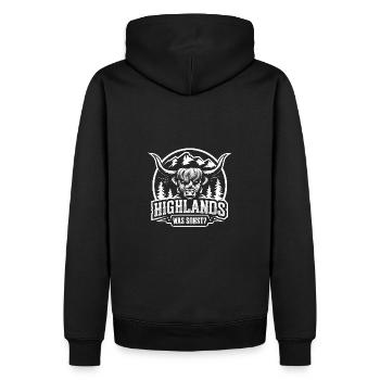 Highlands was sonst Schottisches Hochlandrind - Männer Premium Bio Hoodie - Schwarz - Hinten - Nico (187cm)