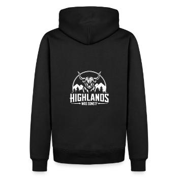 Highlands was sonst Schottisches Hochlandrind - Männer Premium Bio Hoodie - Schwarz - Hinten - Nico (187cm)