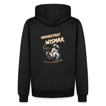 Hansestadt Wismar mit lustiger Möwe und Anker - Männer Premium Bio Hoodie - Schwarz - Hinten - Nico (187cm)