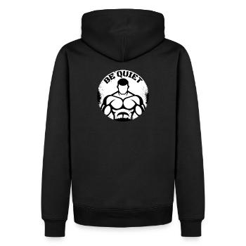 Be Quiet Shirt – Fitness Bodybuilding Gym  - Männer Premium Bio Hoodie - Schwarz - Hinten - Nico (187cm)