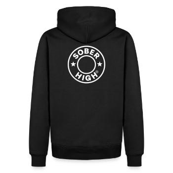 Live clean. Feel high. soberhigh. - Men’s Premium Organic Hoodie - black - Back - Nico (187cm)