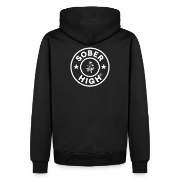 Live clean. Feel high. soberhigh. - Men’s Premium Organic Hoodie - black - Back - Nico (187cm)