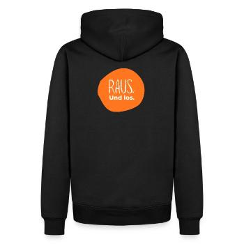 Raus. Und los. – Outdoor Design in Orange - Männer Premium Bio Hoodie - Schwarz - Hinten - Nico (187cm)