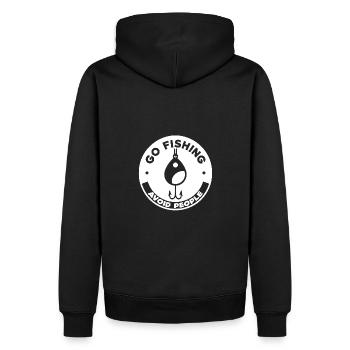 Go fishing, avoid people, rest by the water - Men’s Premium Organic Hoodie - black - Back - Nico (187cm)