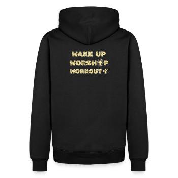 Weck auf, Gottesdienst-Workout, Motivation im christlichen Fitnessstudio - Männer Premium Bio Hoodie - Schwarz - Hinten - Nico (187cm)