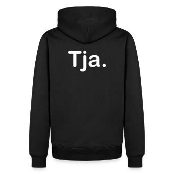Tja. - Männer Premium Bio Hoodie - Schwarz - Hinten - Nico (187cm)