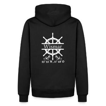 Wismar-Steuerrad, Anker & Koordinaten-Hansestadt - Männer Premium Bio Hoodie - Schwarz - Hinten - Nico (187cm)