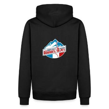 Route des Grandes Alpes Sticker | farbig | V2.0 - Männer Premium Bio Hoodie - Schwarz - Hinten - Nico (187cm)