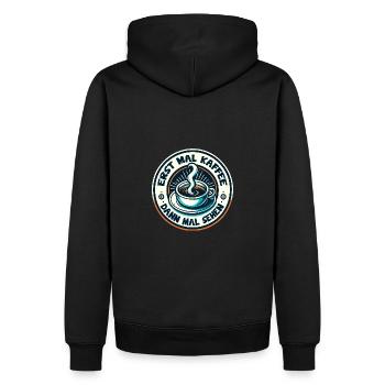 Erst mal Kaffee - dann mal sehen Kaffeemotiv - Männer Premium Bio Hoodie - Schwarz - Hinten - Nico (187cm)