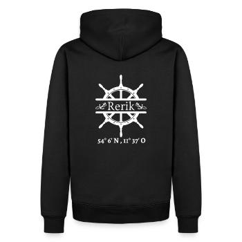 Rerik-Steuerrad, Anker und Koordinaten - Männer Premium Bio Hoodie - Schwarz - Hinten - Nico (187cm)